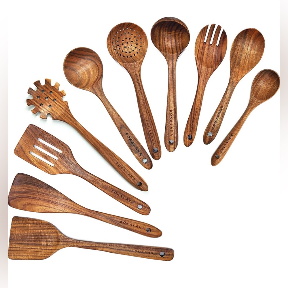 10 Pcs Natural Teak Wooden Spoons Utensils Set
